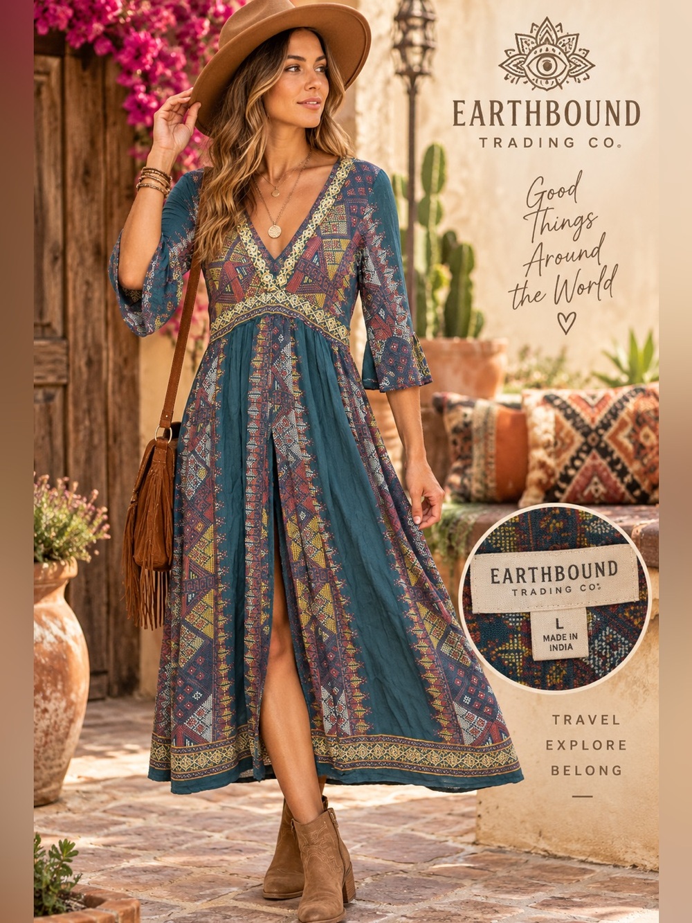 Earthbound Trading Co Midi Dress L Teal Geometric Boho Festival Hippie V Neck